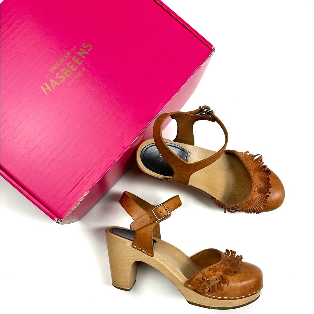 Swedish Hasbeens Women's Brown Leather Fringy Clogs